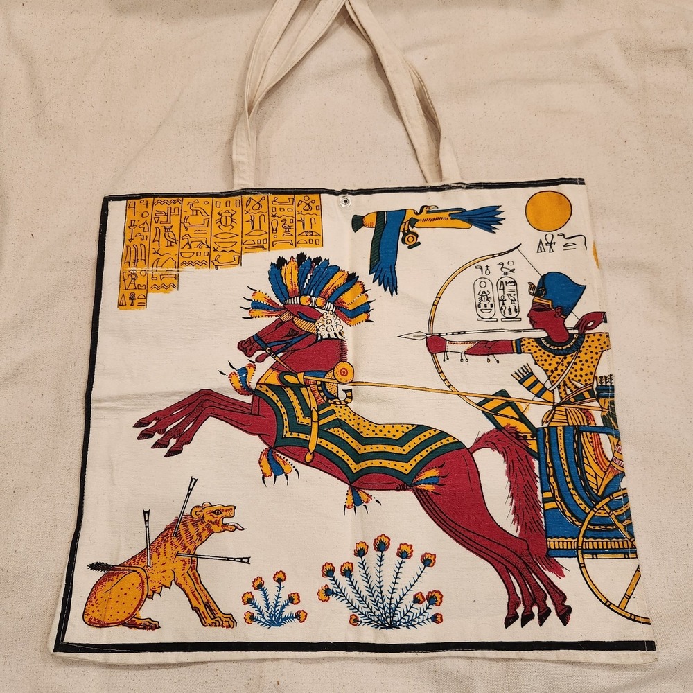 Vintage Egyptian Pharaoh Hieroglyphics Print Canvas Tote Bag Souvenir Egypt